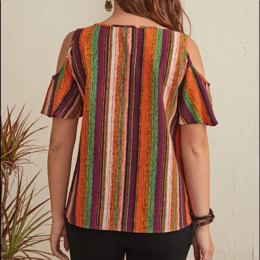 HP 5/17!! SHEIN Emery Rose Colorful Striped Cold Shoulder Top - Picture 2 of 7